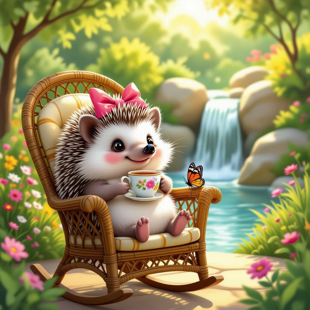 Cheerful Hedgehog Enjoys Tea in Sunny Garden