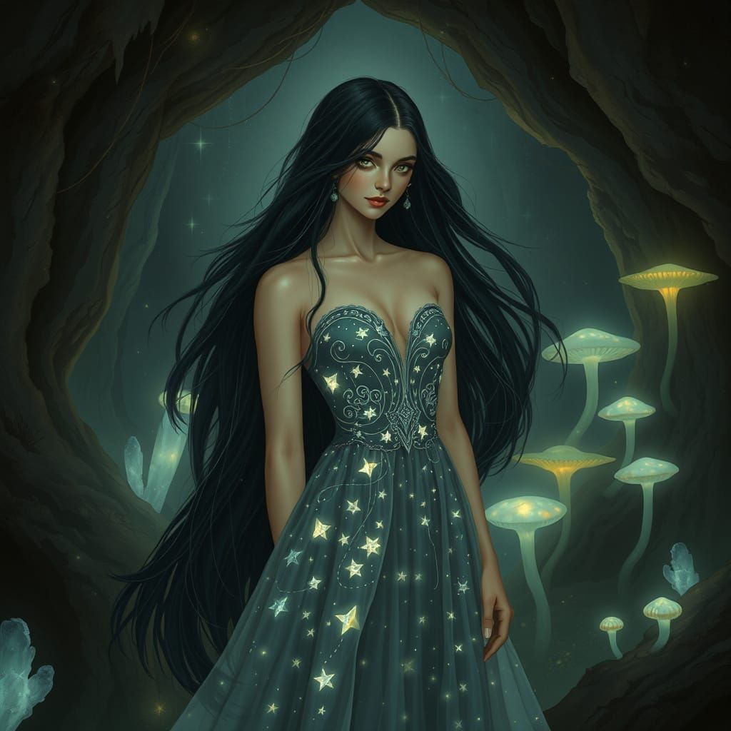 Ethereal Woman in Bioluminescent Grotto, Pre-Raphaelite Styl...