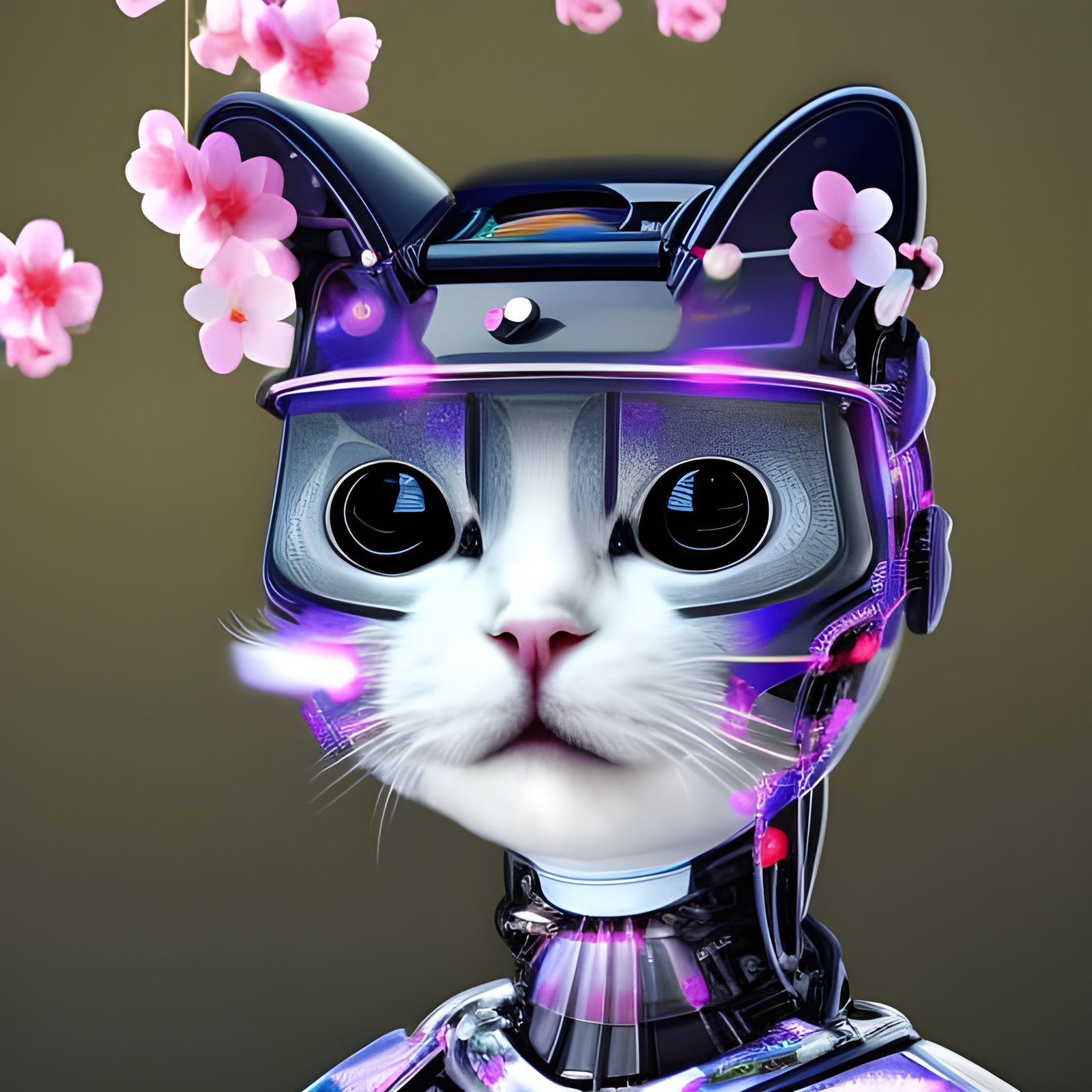 Cyberpunk Robot Kitten in Cherry Blossom Garden