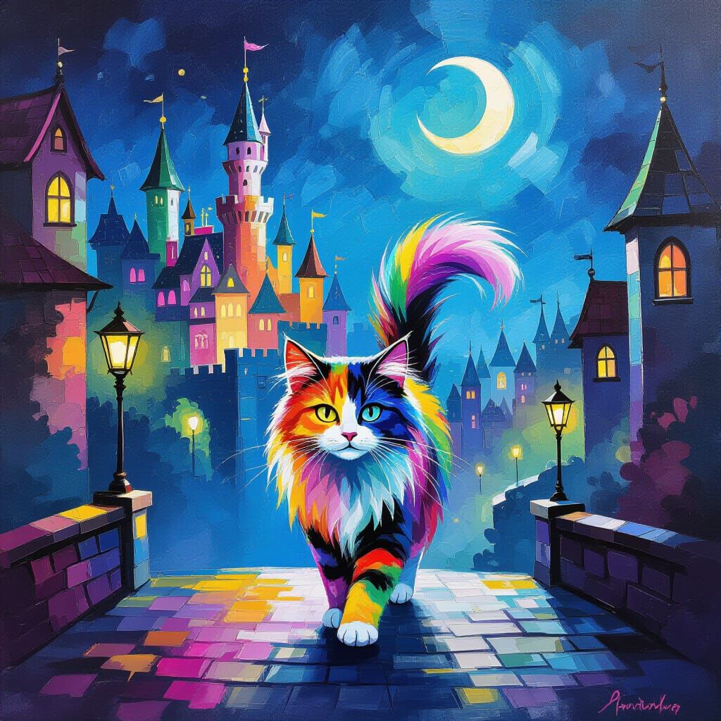 Neon multi coloured cat with whisps of colour rising into th...