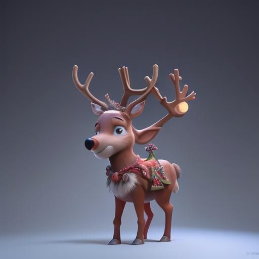 Rudolph Reindeer in Christmas Clothing, Pixar-Style 3D Art