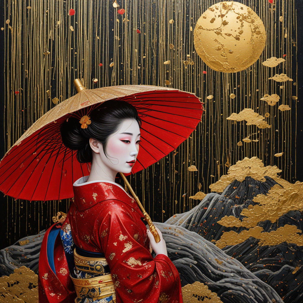 Luxurious Geisha in Rainy China Landscape - Impressive Gold...