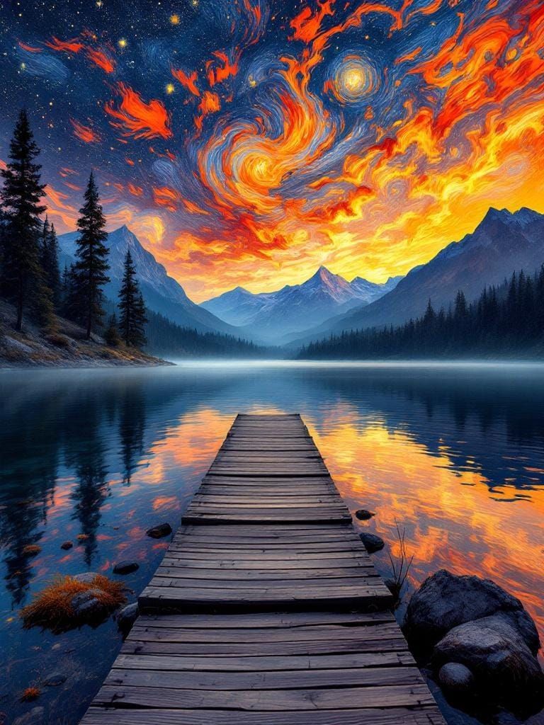 Starry Sunset Lake with Dock in Post-Impressionist Style