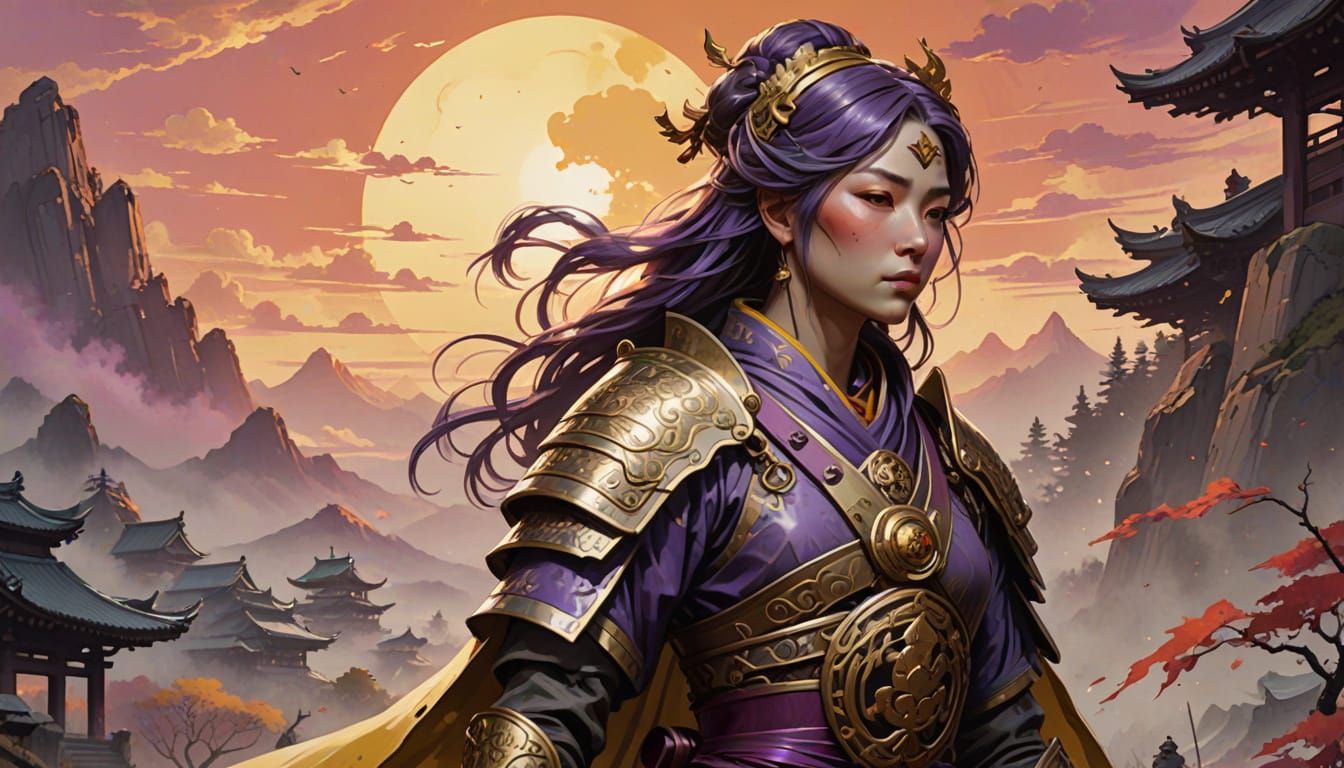 Tomoe Gozen on Battlefield in Sumi-e Ink Painting Style