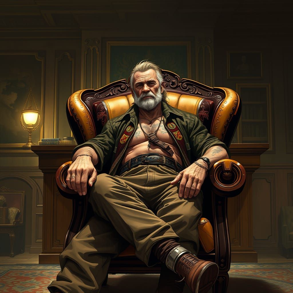 Rugged Authority Figure in Dimly Lit Office Setting