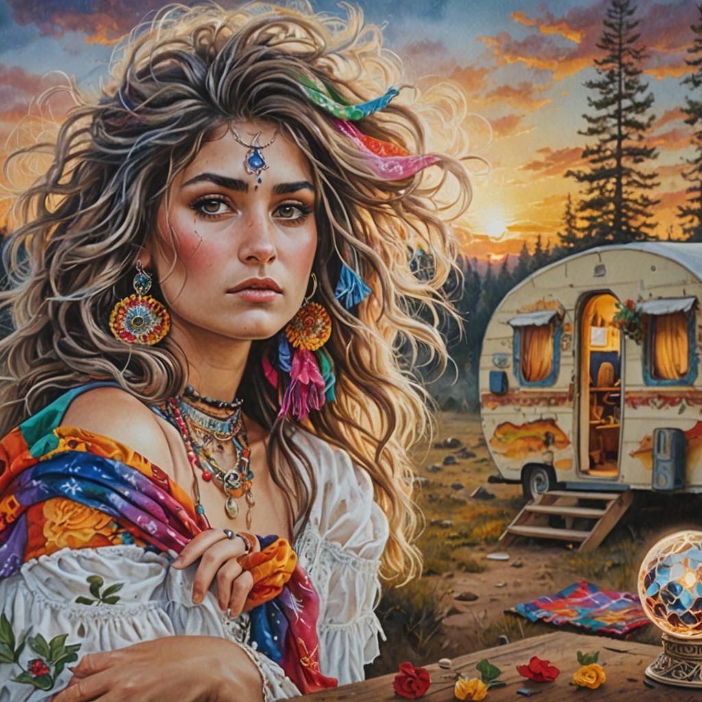 Beautiful Gypsy Woman in Forest, Airbrushed Painting