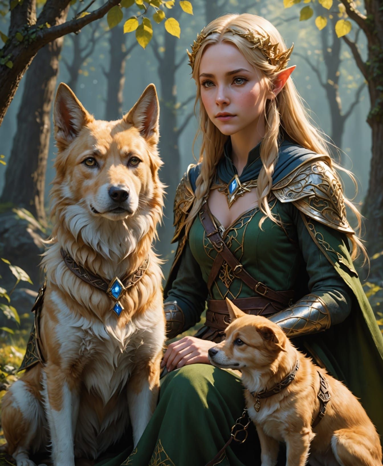 Elven maiden with a canine friends