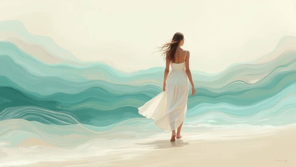 Elegant Woman on Beach with Abstract Fluid Design