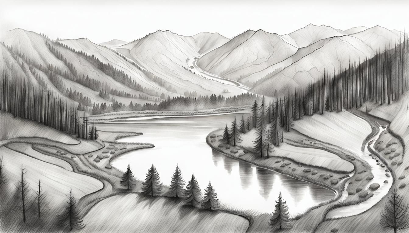 Monochrome Aerial Sketch of Valley with Pines
