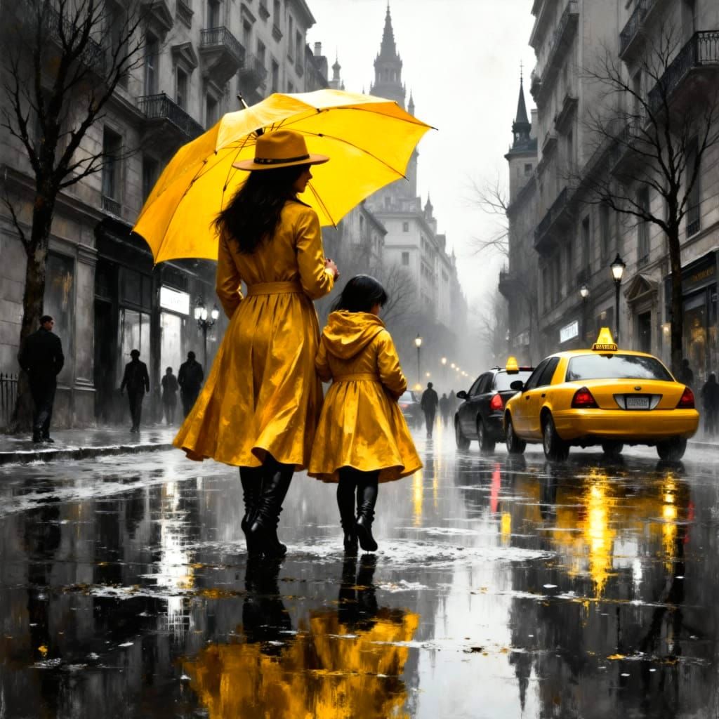 Woman and Girl Under Yellow Umbrella in Rainy City