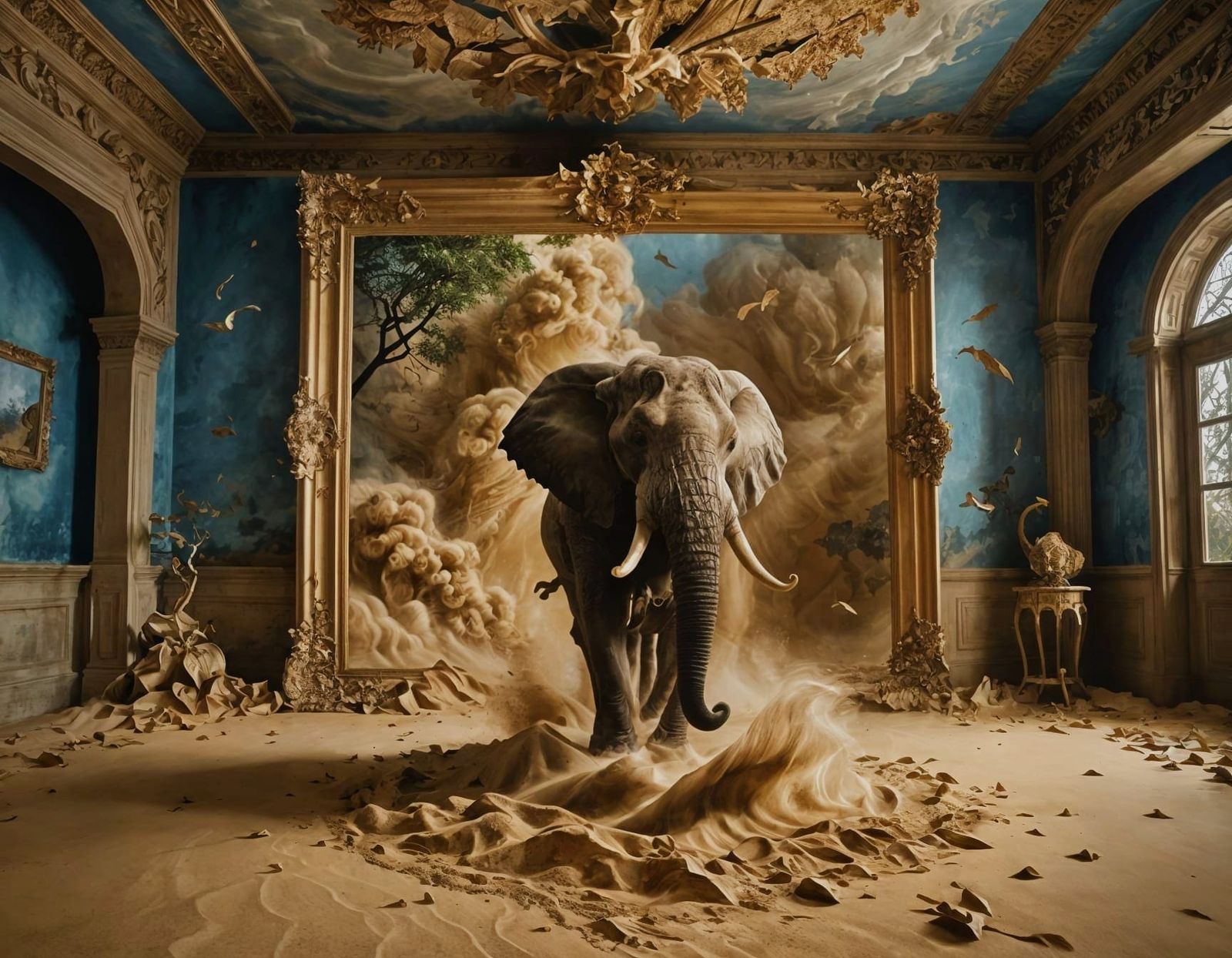 Elephant Emerges from Painting in Stormy Hall