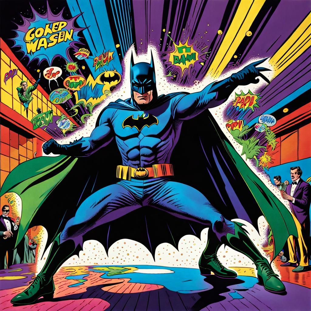 psychedelic 1966 Batman going insane on the dance floor and fighting villains joker, penguin and riddler, [onomatopoeia ...
