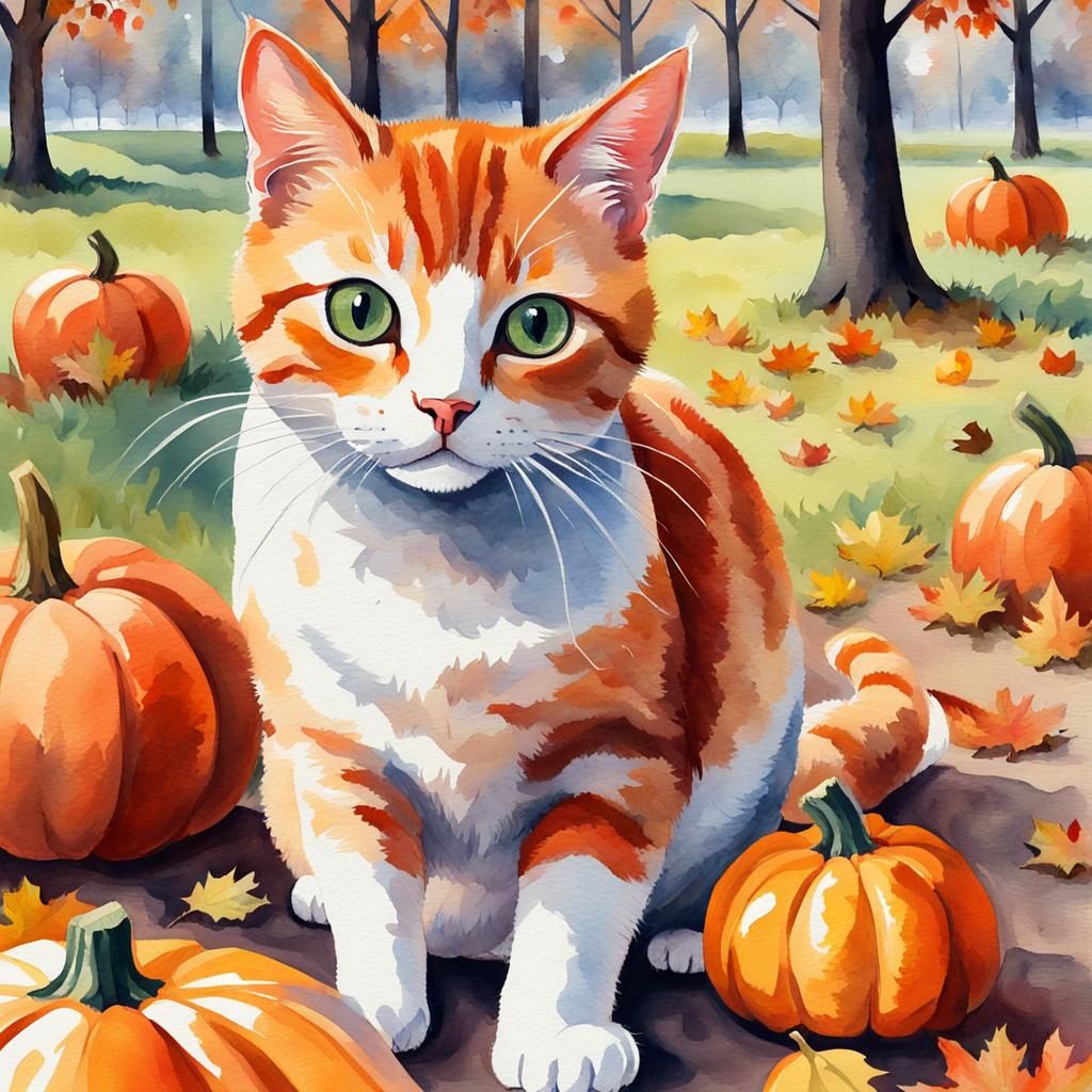 Cat in Autumn Park: Watercolor Gouache Illustration