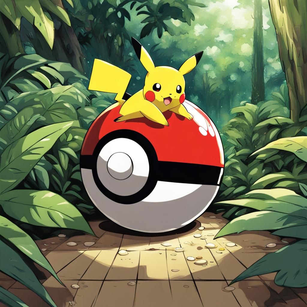 Pikachu and Pokeball in Jungle: Anime Style