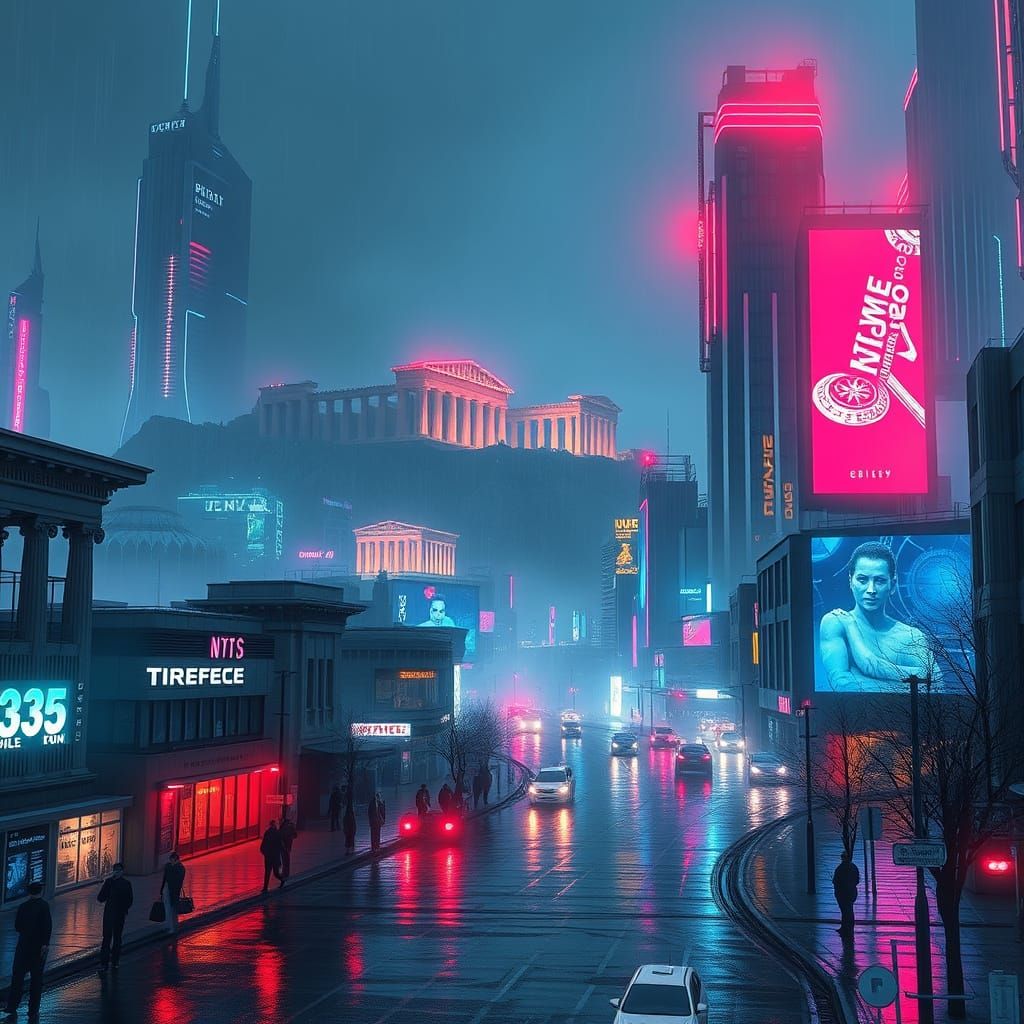 Cyberpunk Athens 2135: Neon-Lit Skyscrapers and Ancient Ruin...