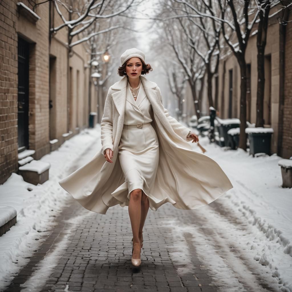 Roaring 20s Woman Running in Winter Alley