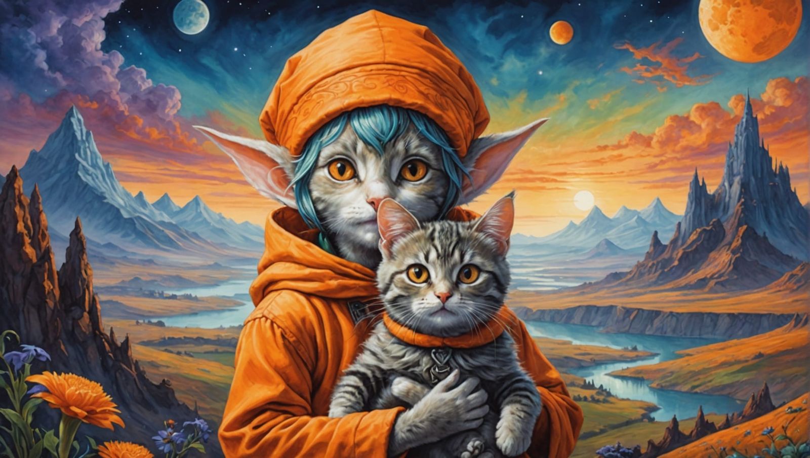 Orange Elf with Cat in Dreamlike Alien Landscape