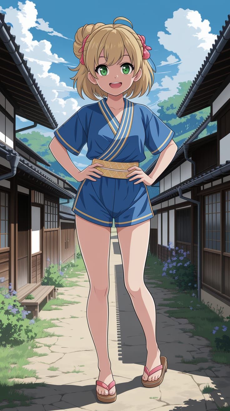 Confident Tomboy in Jinbei Outfit, Anime Style