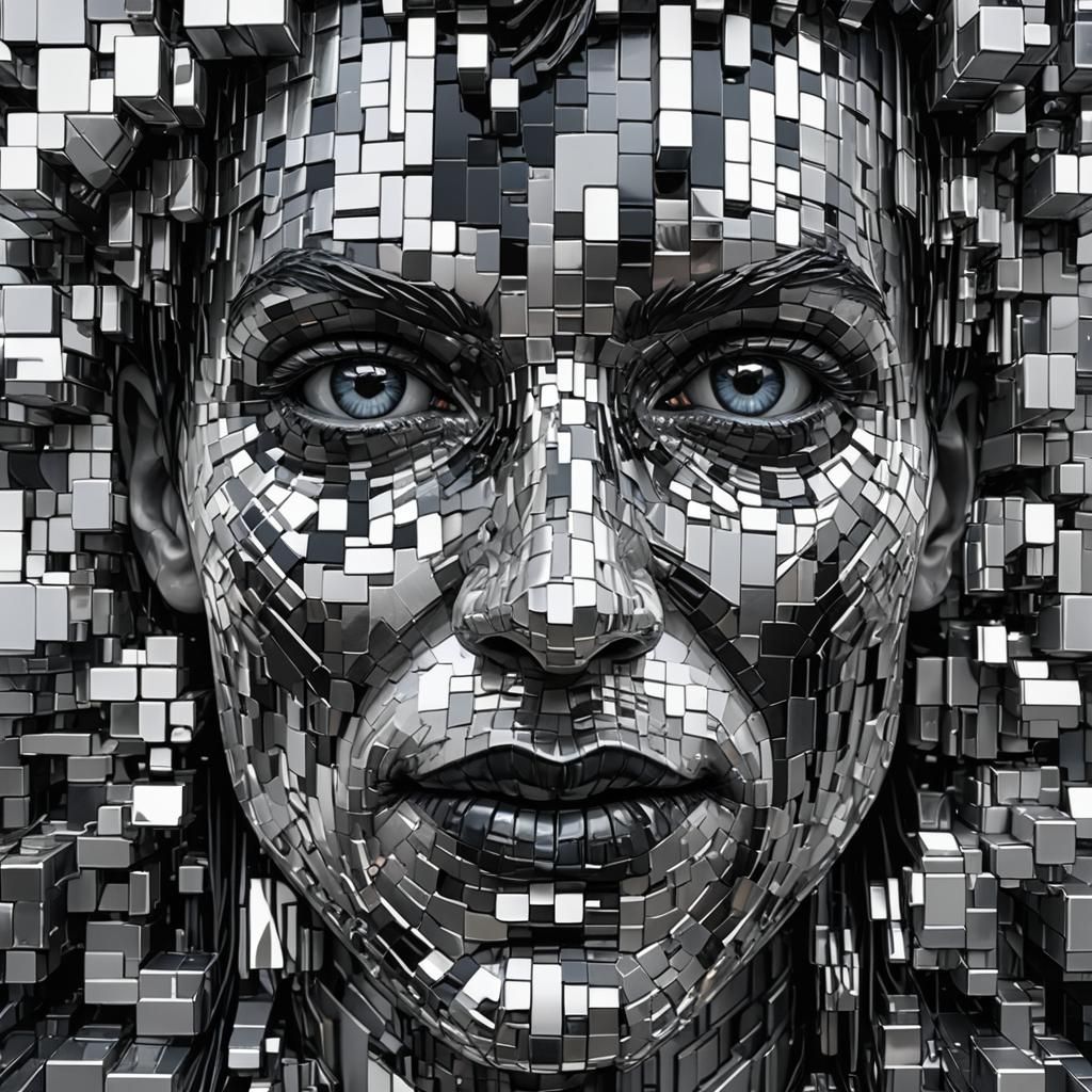 Surreal Pixel Art Face Inside Tesseract