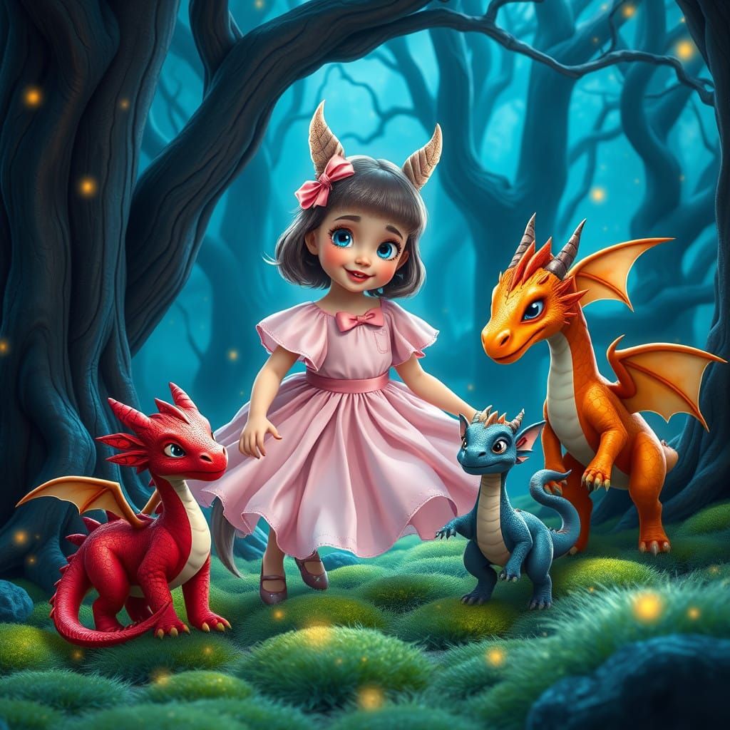 Mystical Forest Goddess Plays with Vibrant Dragons in Dreaml...