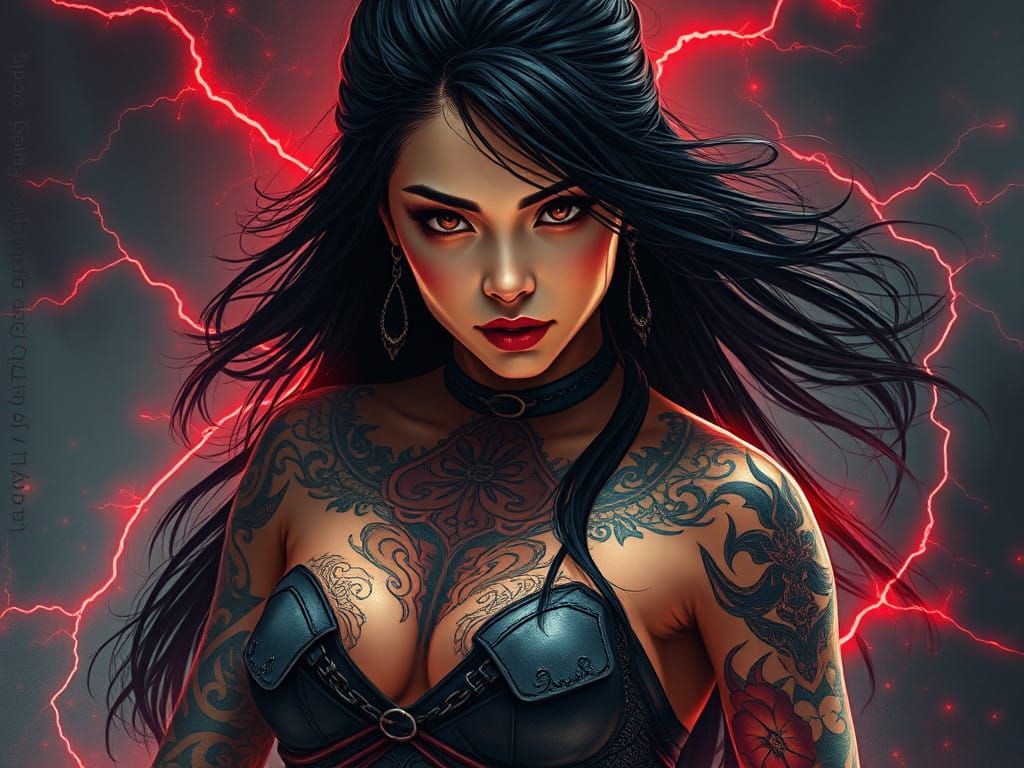 Cyberpunk Goddess Unleashes Red Lightning Fury