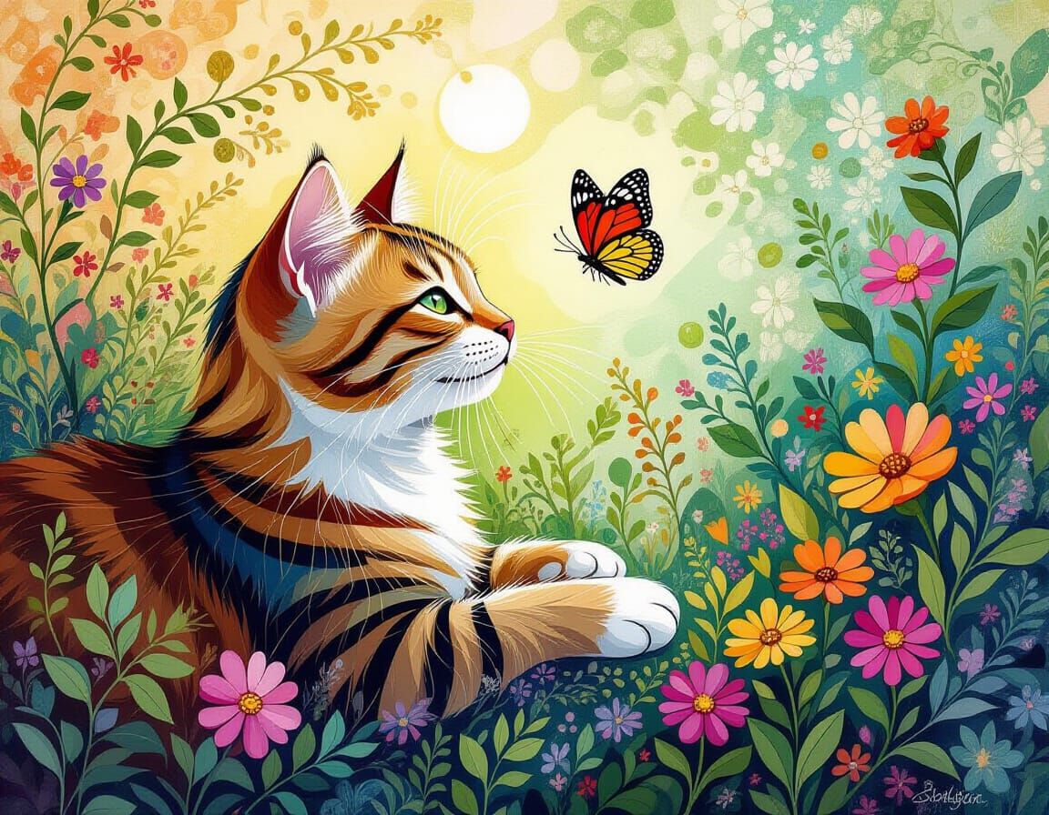 Cat and Butterfly in Pointillist Watercolor