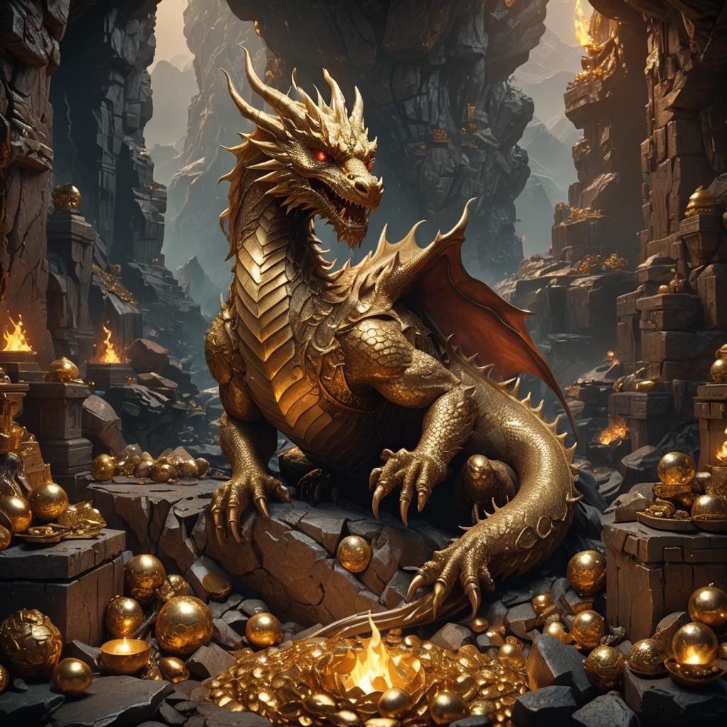 A hidden lair deep within a mountain, inhabited by a majestic golden dragon surrounded by piles of treasure, with fiery ...