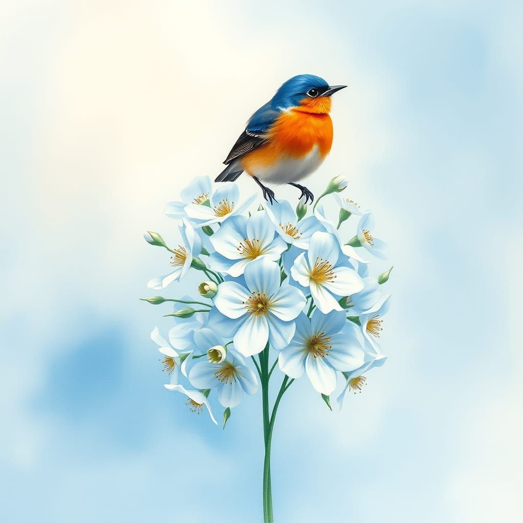 Delicate Floral Still Life with Bird in Soft Blue Hues