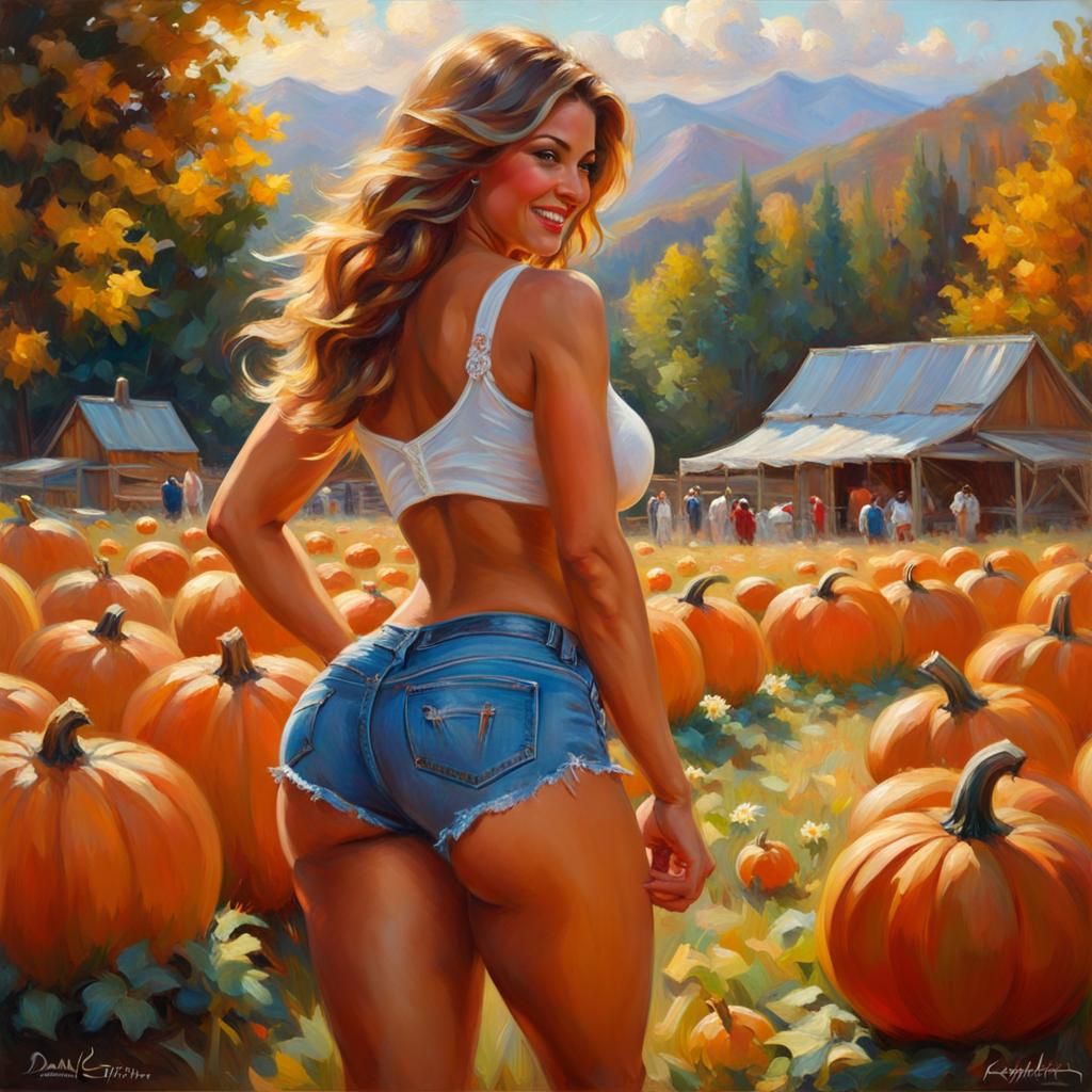Beautiful thick ethnic woman with big booty wearing daisy dukes back facing the viewer while twerking. Pumpkin patch in ...