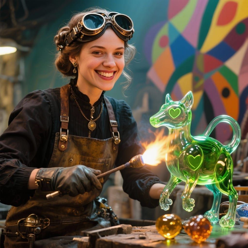 Woman Glassblowing Animals in Dieselpunk Style