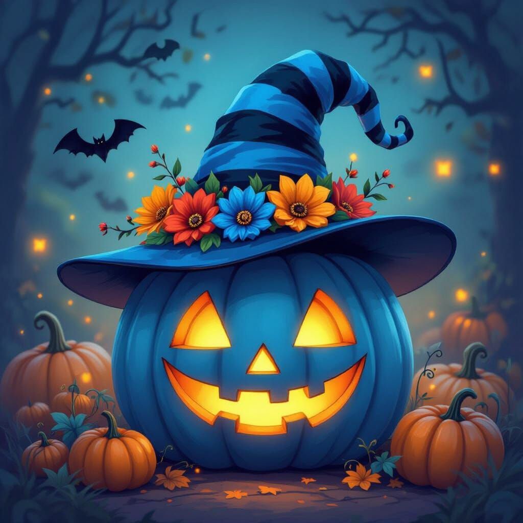 Whimsical Blue Jack O Lantern with Witch Hat and Flowers