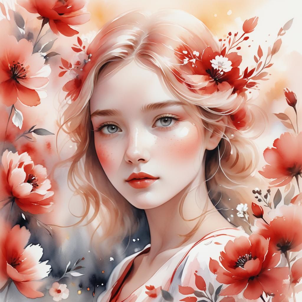 Dreamy Girl in Red Dress: Watercolor Illustration