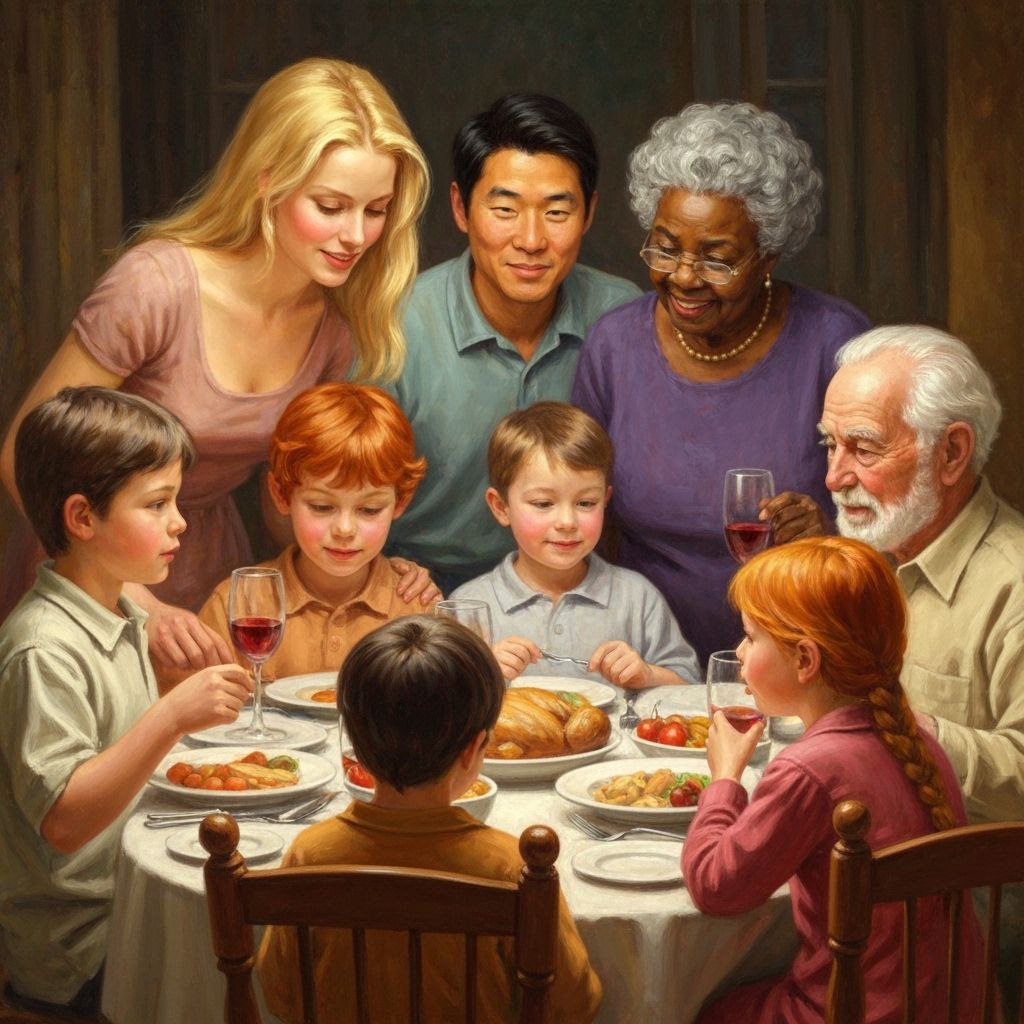 Diverse Family Thanksgiving Dinner in Warm Oil Painting Styl...