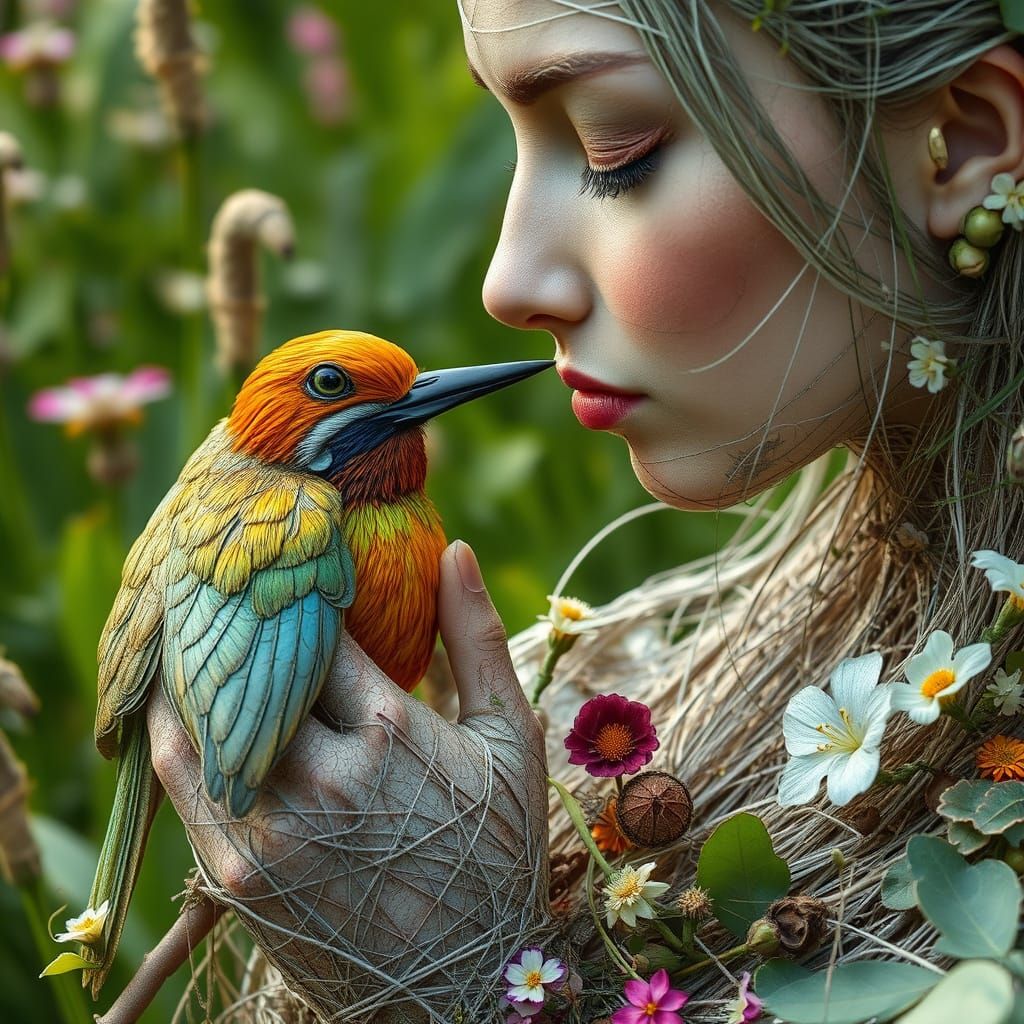 Woman Woven from Strings Kisses Bird in Garden