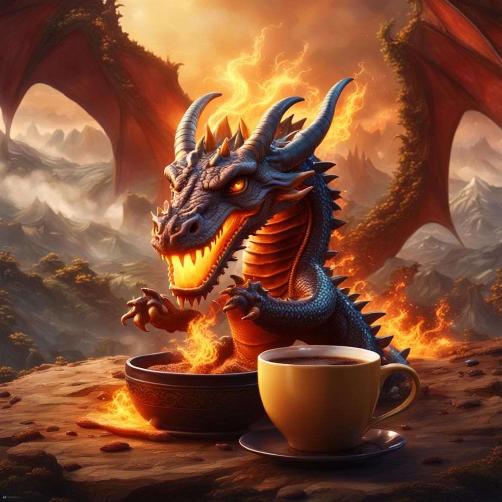 Happy Coffee Dragon Breathing a Fiery Heart