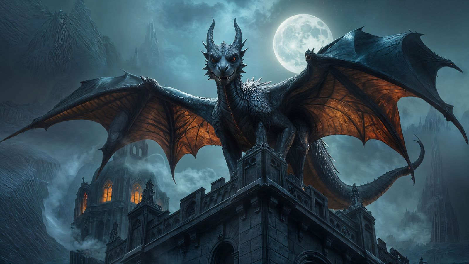 Obsidian Dragon Perched on Gothic Cathedral