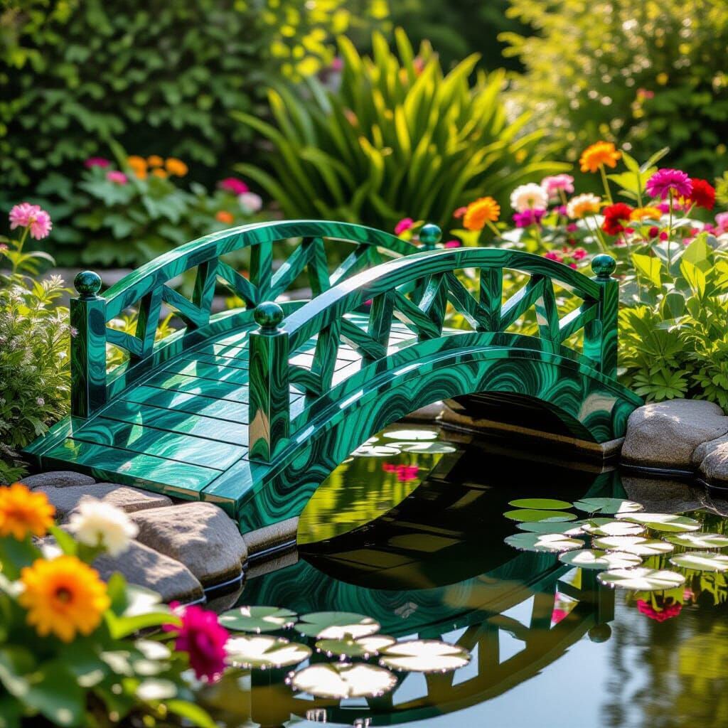 Emerald Glow: Malachite Bridge Over Calm Pond
