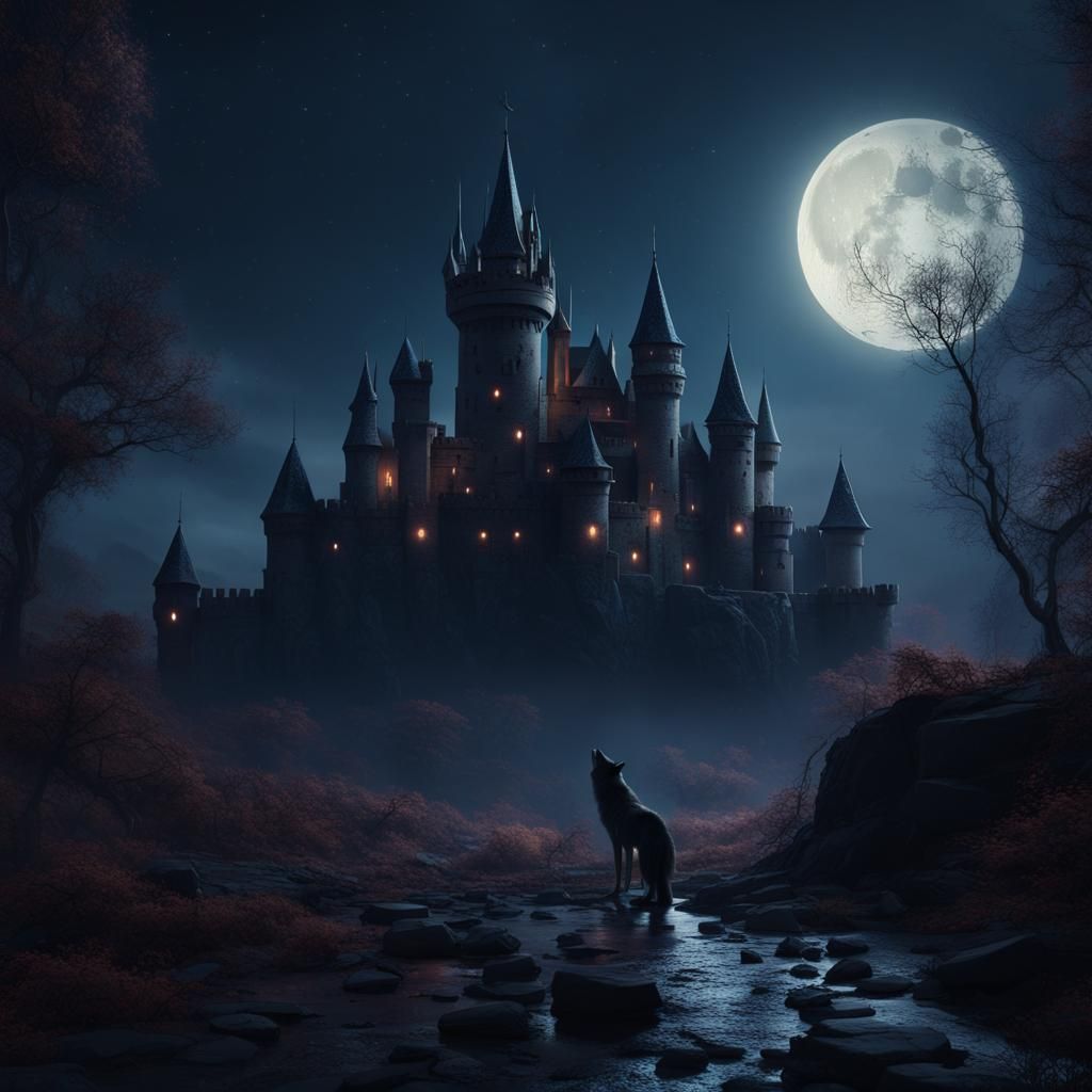 Eerie Castle Under Moonlight with Wolf Silhouette