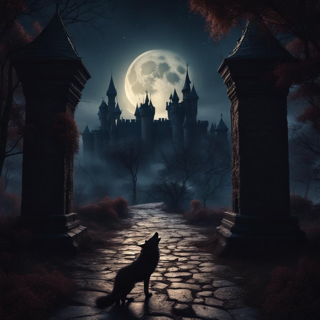 Eerie Castle and Wolf Silhouette in Moonlight