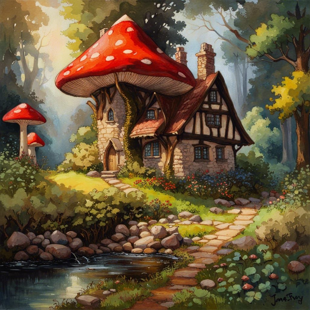 Fairytale Cottage and Dark Forest in Watercolor
