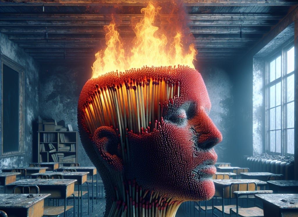 Surreal Match Head Sculpture in Burning Classroom