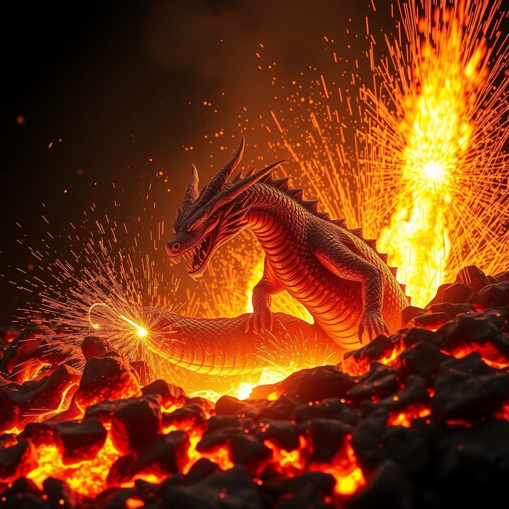 A dramatic scene of a dragon emerging from a vulcano of molt...