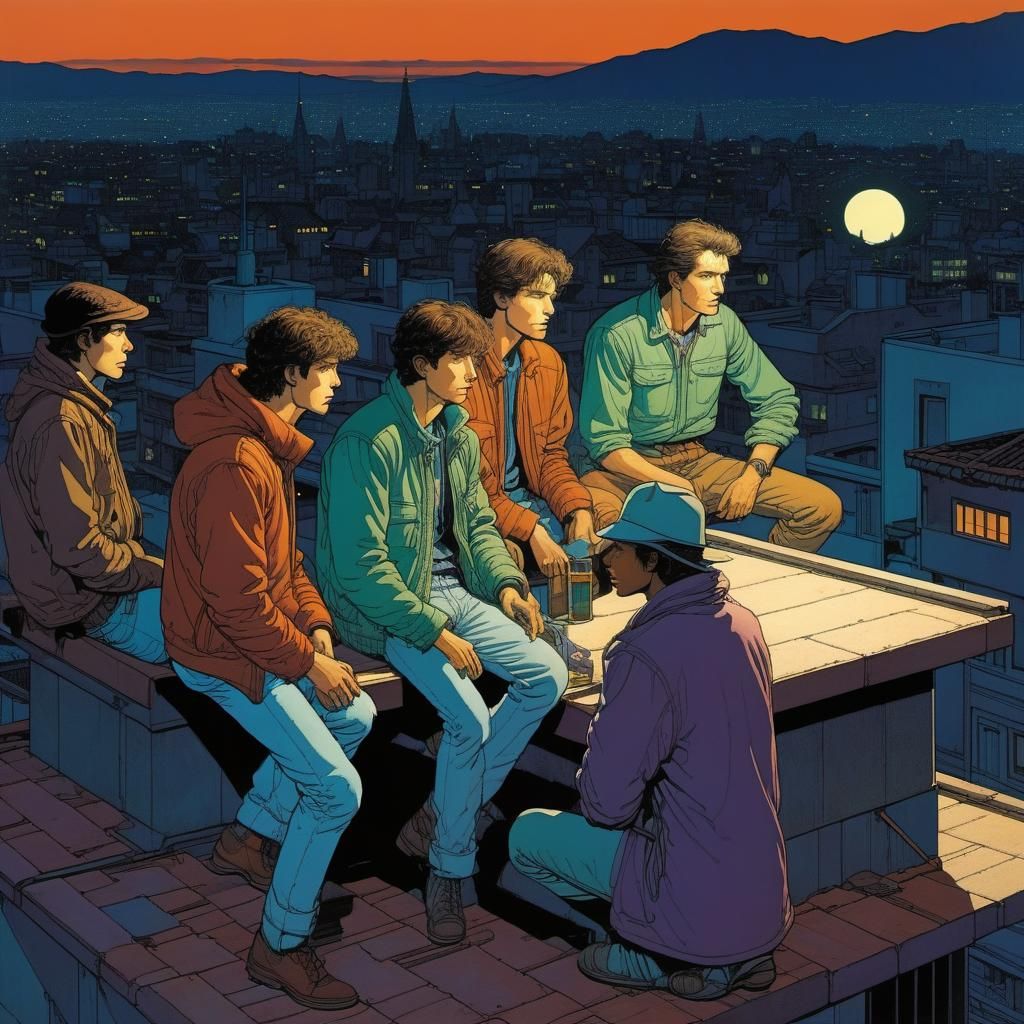 Friends on Rooftop at Night, Moebius Illustration