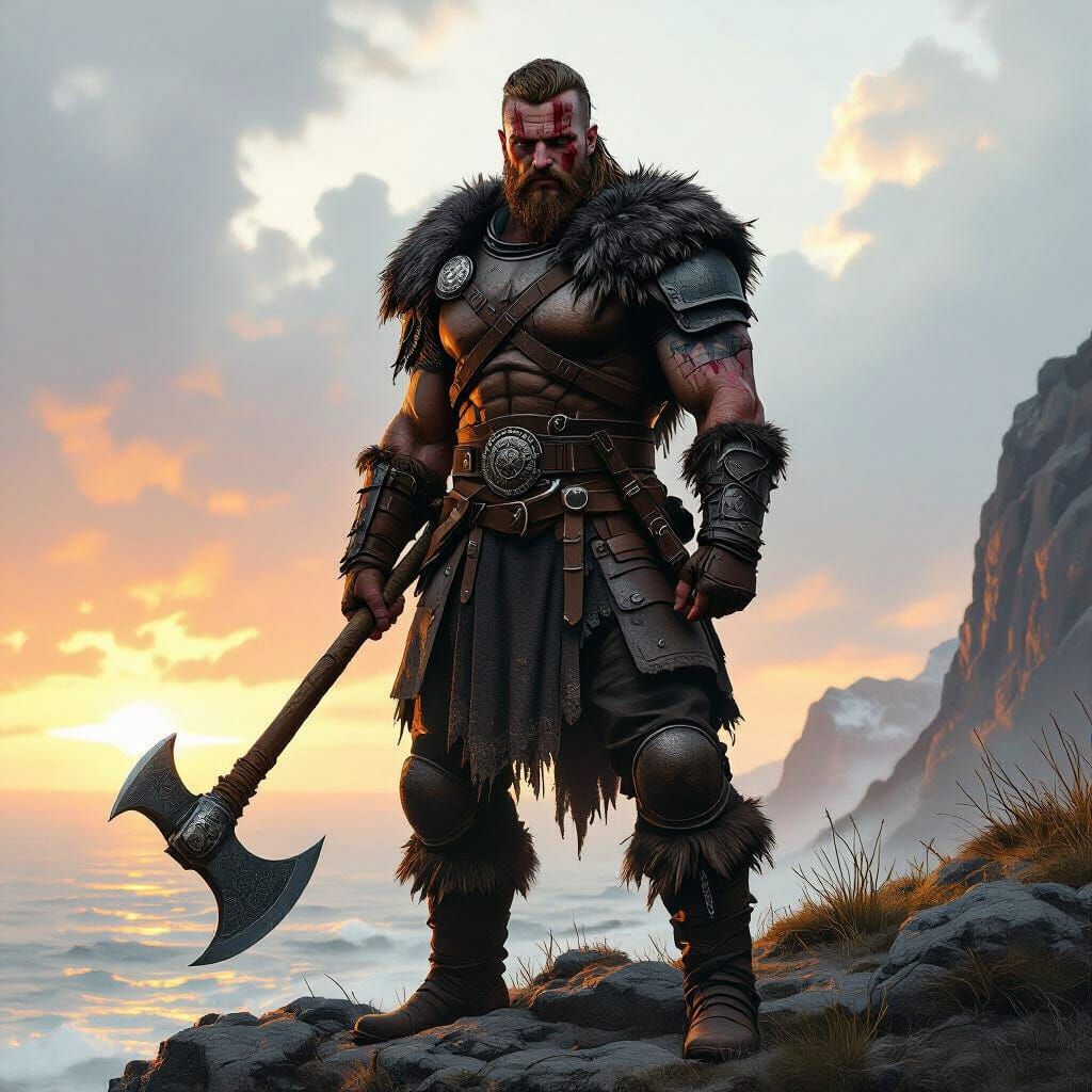 Nordic Warrior on Cliff at Sunrise: Cinematic Concept Art