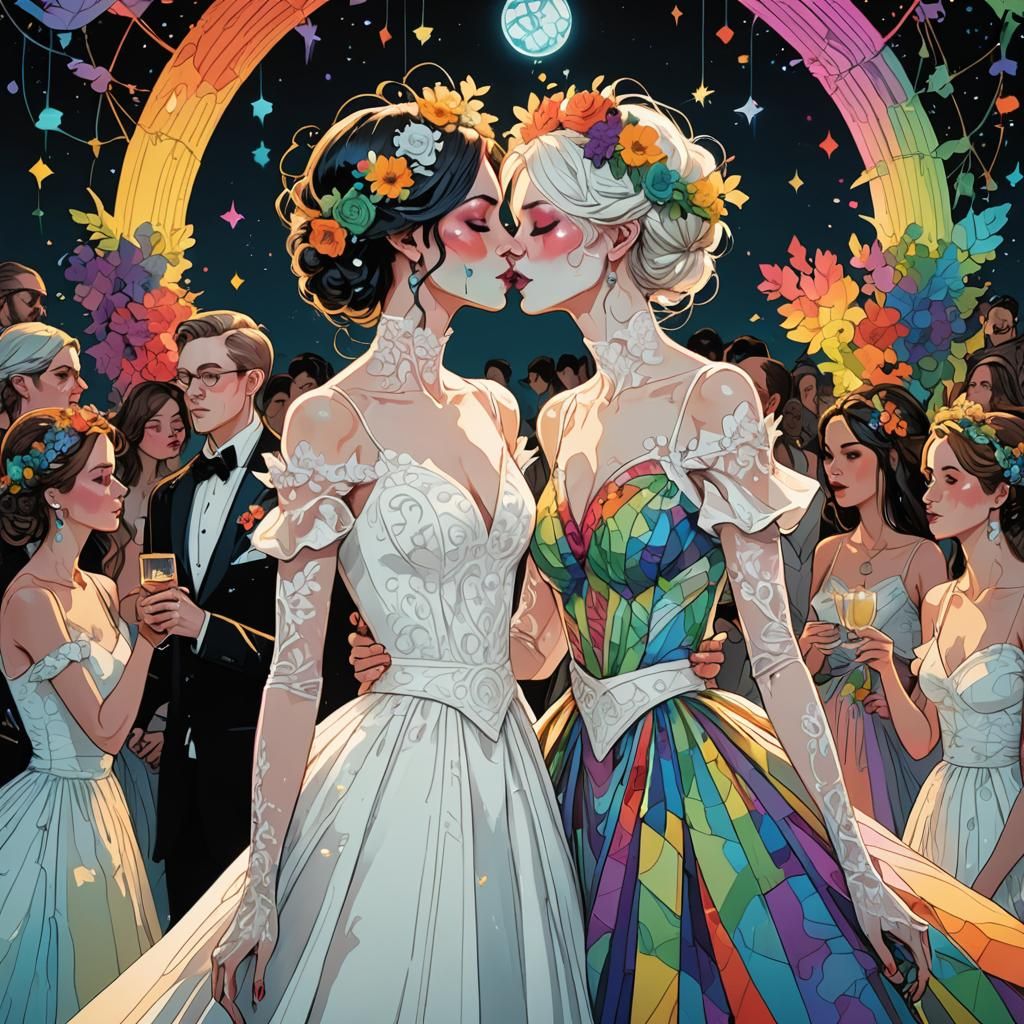 Lesbian Brides Kiss at Queer Wedding Party