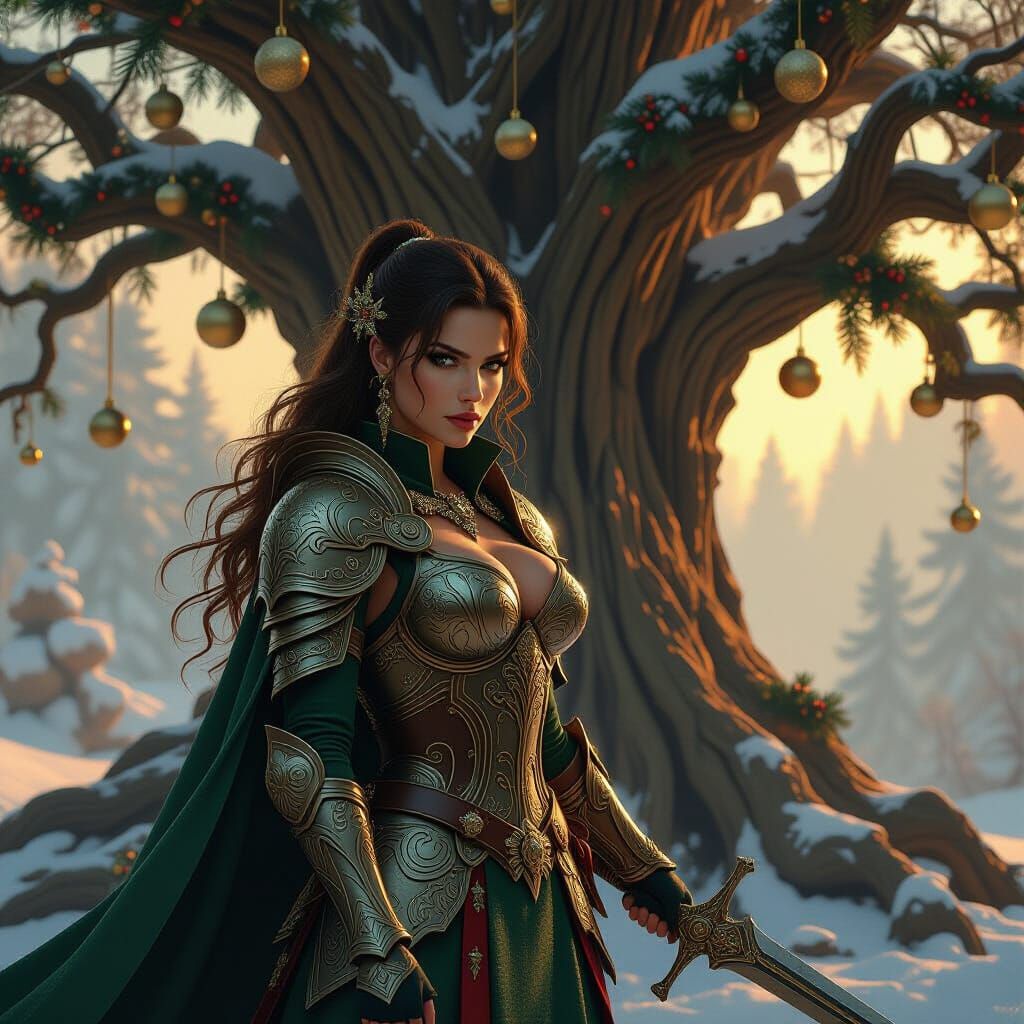 Warrior Woman in Festive Armor by Ancient Tree