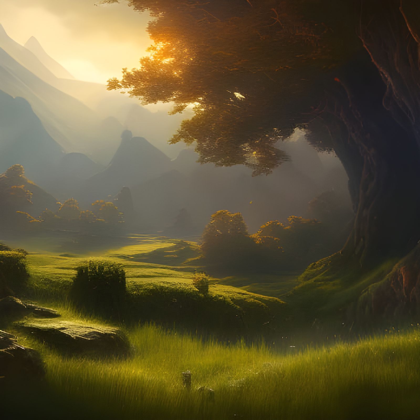 Stained Glass Shire Landscape in Dark Fantasy Style