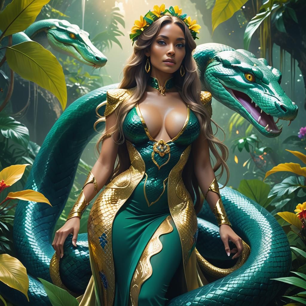 Regal Woman Rides Anaconda in Futuristic Jungle