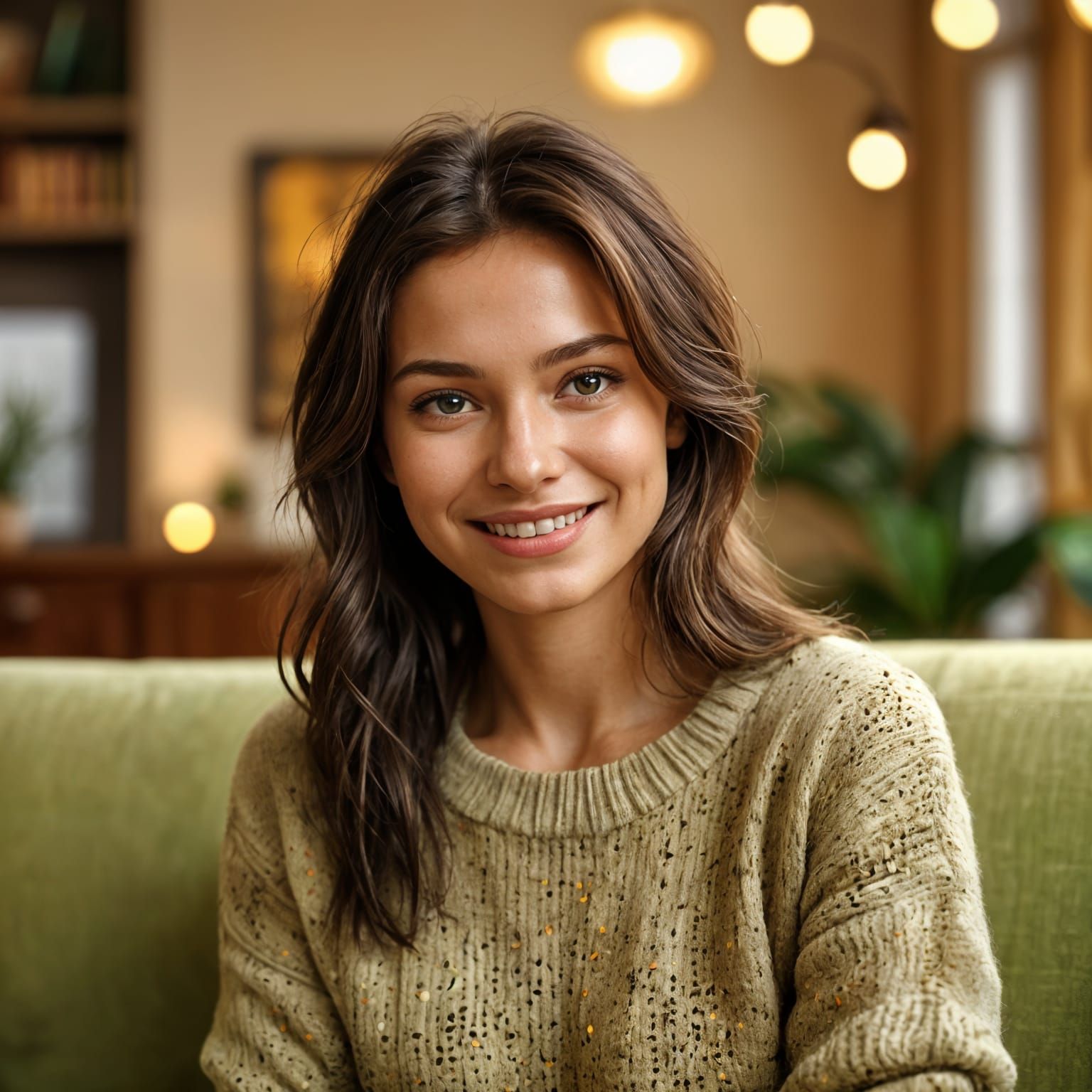 Warm Portrait of Woman in Beige Room with Bokeh