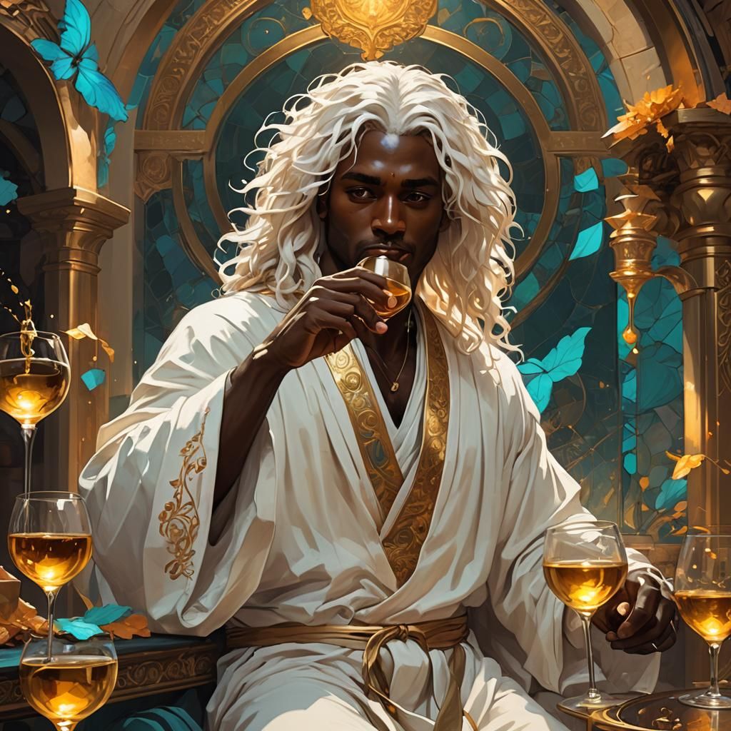 Young Man in White Robes Drinking Wine, Art Nouveau Style